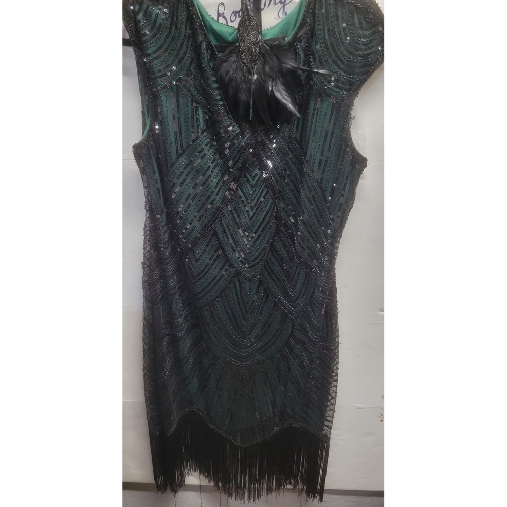 Fundaisy 1920s Flapper Costume Dress Set Green Black Sequin Fringe 3XL Gatsby